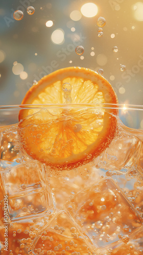 Vibrant Aperol Spritz close-up. A refreshing cocktail with sparkling bubbles rising around a juicy orange slice and ice cubes, capturing the essence of summer in a chilled glass.