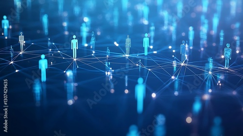 Abstract digital network with people icons on a blue background, hyper-realistic fine art oil paintings, tattoo style, high-resolution, detailed, painterly, professional color grading.