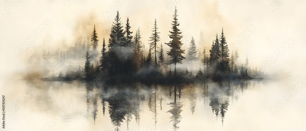 Fototapeta premium Misty forest lake reflection, calm scene