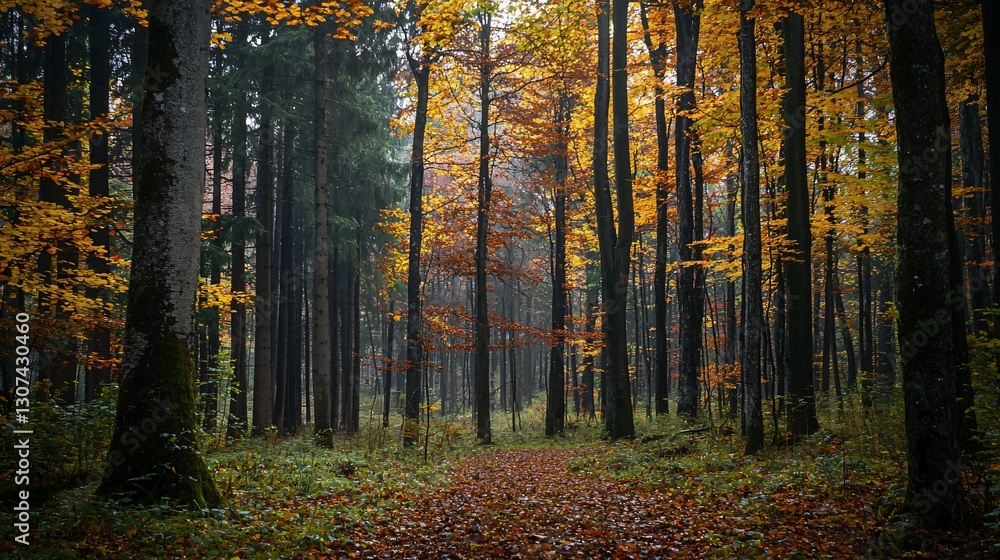 Fototapeta premium Golden leaves adorn tall trees in a dense autumn forest scene