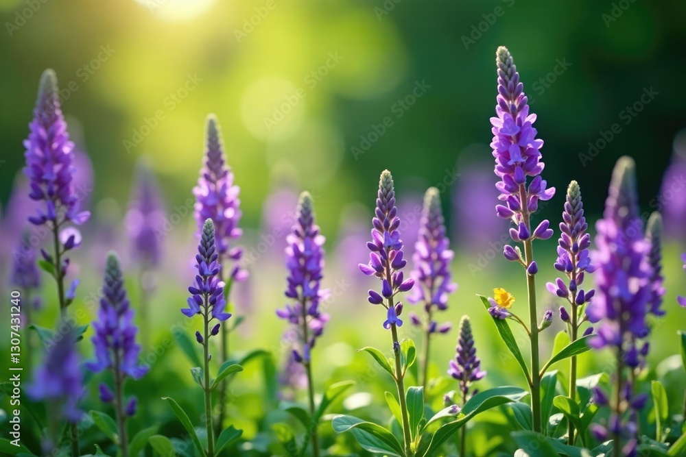Obraz premium Purple flowers swaying gently in the breeze amidst lush greenery, colorful, blooming, nature