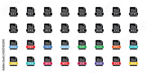 File Type icon set. Popular files format and document. Format and extension of documents. Set of graphic templates and document file. Vector illustration.