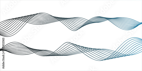 modern design featuring abstract wavy black and blue lines blending on a white background. Geometric design used for parallel lines pattern and Digital landscape for presentations.
