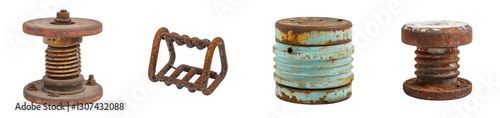 An old, corroded metal spring stands alone, isolated on a white background