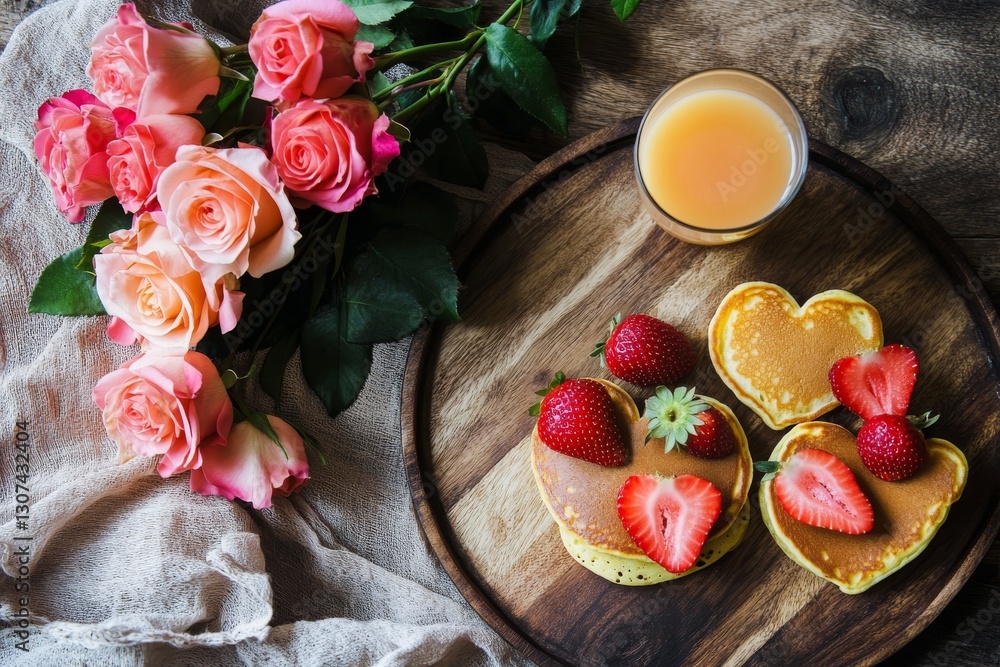 Heart-shaped pancakes with strawberries and orange juice next to pink roses Heart-shaped pancakes with strawberries and orange juice next to pink roses