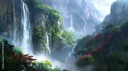 A breathtaking waterfall cascading down lush green cliffs, surrounded by mist and vibrant foliage