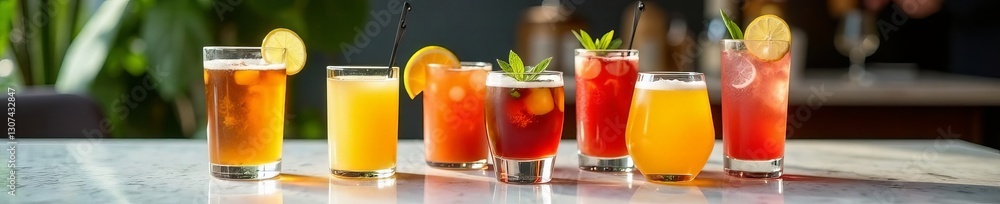 Various glasses of colorful drinks on elegant marble table, beverages, elegant Various glasses of colorful drinks on elegant marble table, beverages, elegant