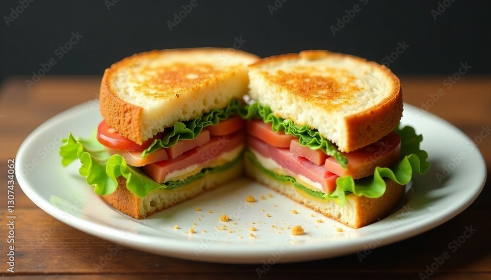 Sandwich cut in half on paper with crumbs around it, table, close-up Sandwich cut in half on paper with crumbs around it, table, close-up