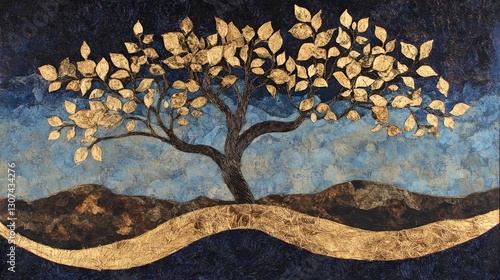 Golden Tree Silhouette Against Blue Sunset Skies