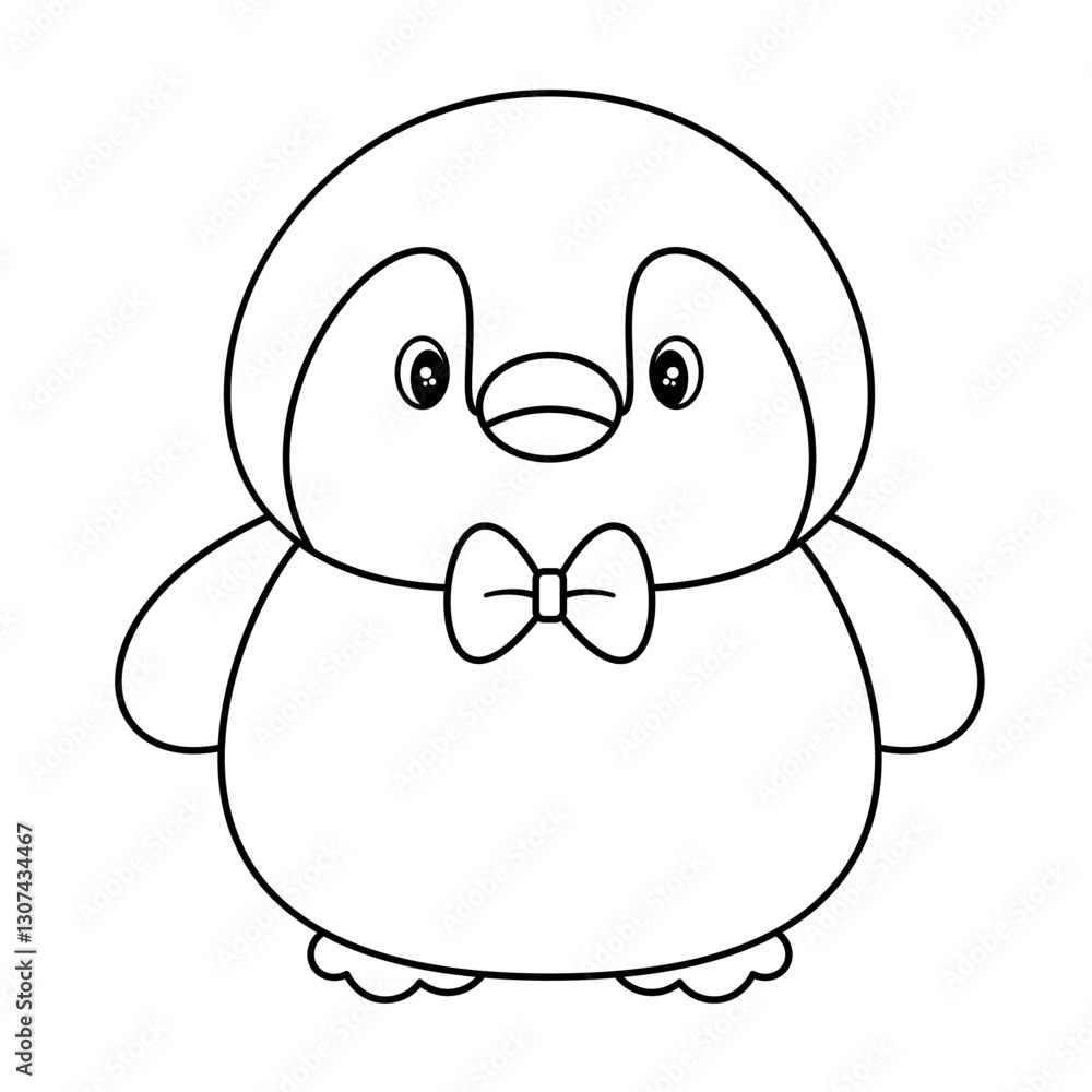 Cute Penguin with Bow Tie Outline Vector Illustration. Penguin with a rounded body, chubby cheeks, and short, stubby wings, expressive eyes with highlights, giving it a charming expression. Cute Penguin with Bow Tie Outline Vector Illustration. Penguin with a rounded body, chubby cheeks, and short, stubby wings, expressive eyes with highlights, giving it a charming expression.