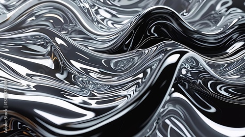 Metallic Liquid Chrome Waves with Smooth Reflective Silver and Black Textures in a Futuristic Abstract