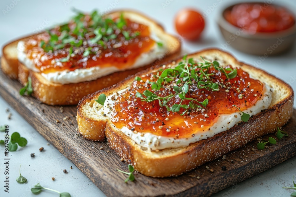 Gourmet toast with cream cheese orange jam and fresh microgreens on a wooden board Delicious and vibrant breakfast or snack Gourmet toast with cream cheese orange jam and fresh microgreens on a wooden board Delicious and vibrant breakfast or snack