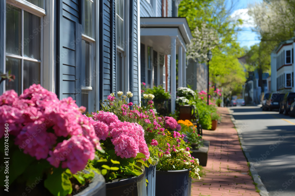 Fototapeta premium Pink hydrangeas and colorful flowers adorn the sidewalk of a charming historic district on a bright spring day