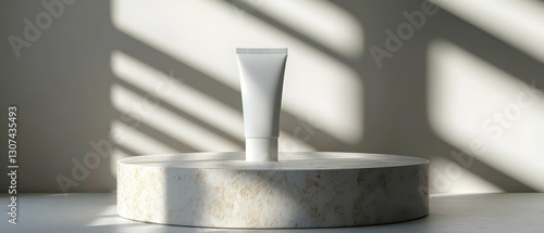 White tube on platform, sunlight. Mockup