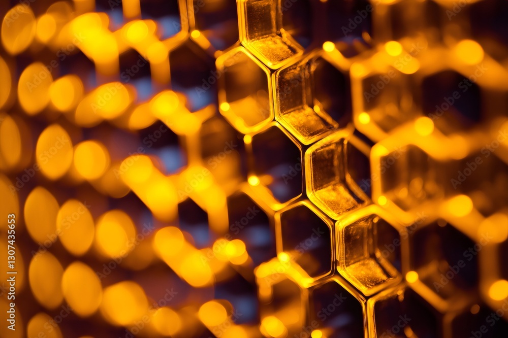 Close up of a honeycomb structure emitting a warm, golden neon light, creating a visually appealing abstract pattern Close up of a honeycomb structure emitting a warm, golden neon light, creating a visually appealing abstract pattern