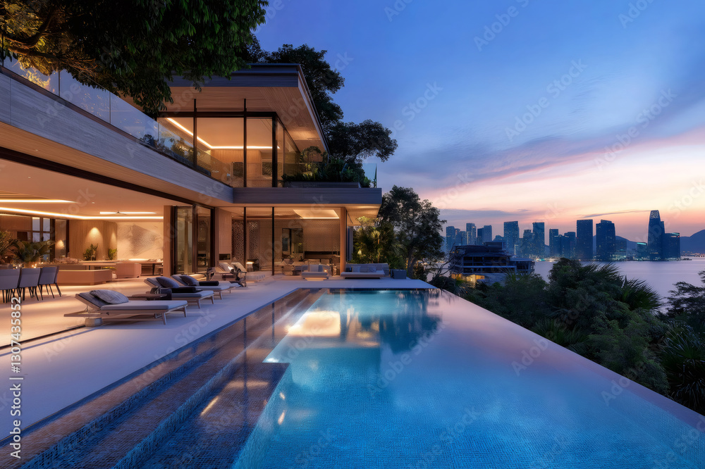 Luxurious villa with infinity pool overlooking a scenic cityscape at sunset, offering breathtaking views and tranquility Luxurious villa with infinity pool overlooking a scenic cityscape at sunset, offering breathtaking views and tranquility