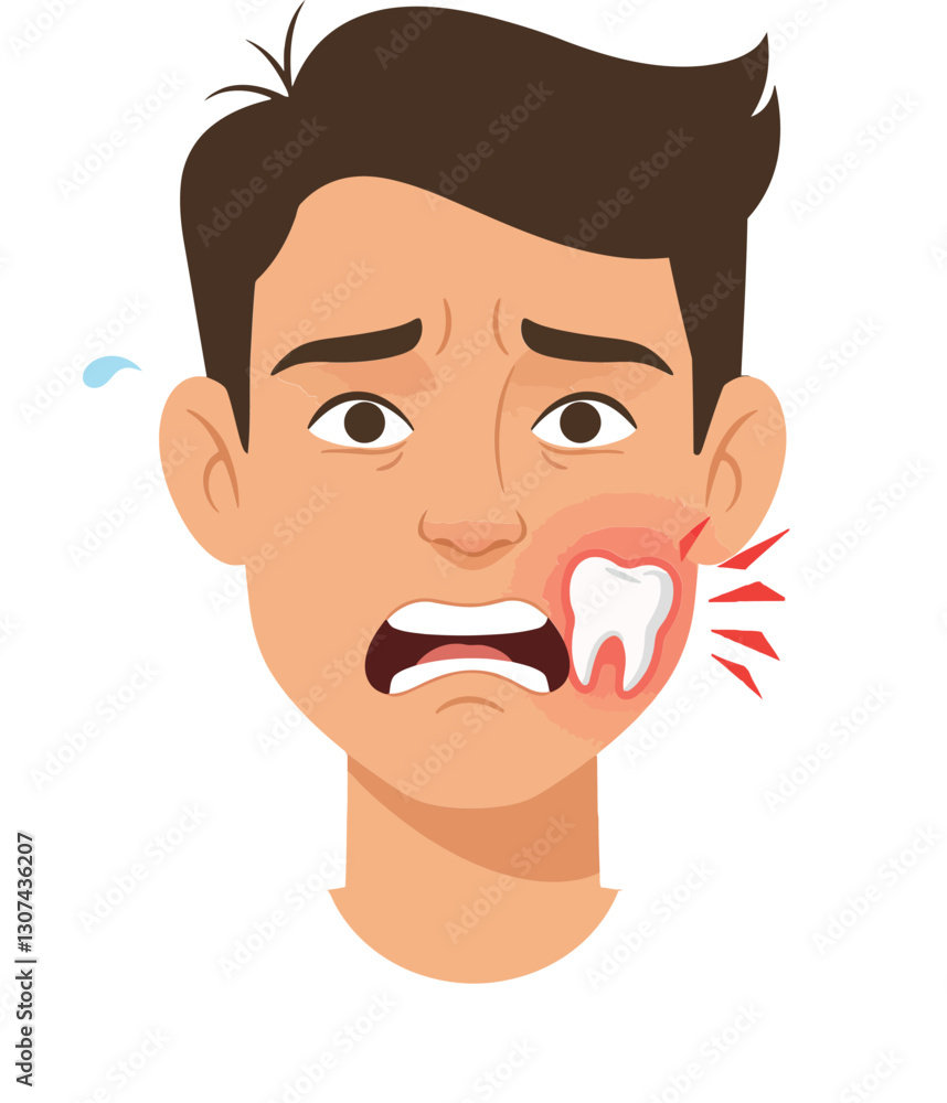 A young man expressing discomfort with a painful toothache illustrated in a flat and vibrant style, showcasing emotion through vector illustration A young man expressing discomfort with a painful toothache illustrated in a flat and vibrant style, showcasing emotion through vector illustration