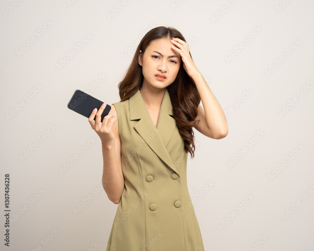 Pretty young asian woman using smartphone feeling upset confused bad depressed emotional standing on isolated white background. Holding cell phone. Thinking and stressed Pretty young asian woman using smartphone feeling upset confused bad depressed emotional standing on isolated white background. Holding cell phone. Thinking and stressed