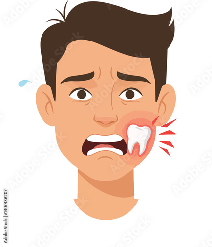 A young man expressing discomfort with a painful toothache illustrated in a flat and vibrant style, showcasing emotion through vector illustration