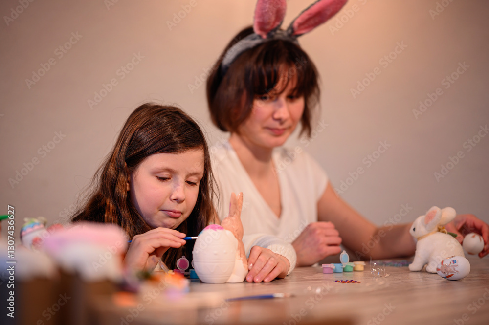 Fototapeta premium Mother and Daughter Enjoying Easter Crafting Together