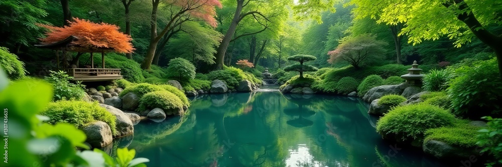 Serene pond surrounded by lush greenery in a Japanese garden, pond, plants Serene pond surrounded by lush greenery in a Japanese garden, pond, plants