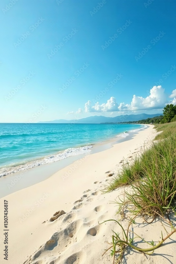Serene sandy beach with calm sea and clear blue skies, blue skies, sea Serene sandy beach with calm sea and clear blue skies, blue skies, sea