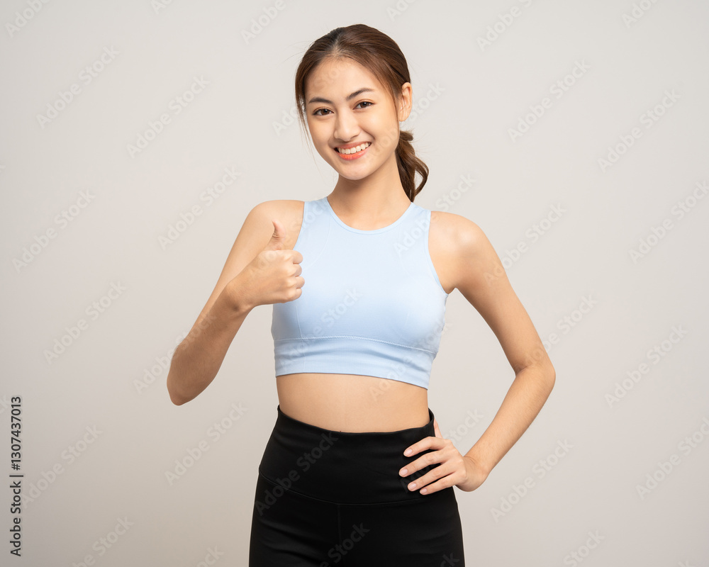 Young beautiful smiling asian woman with sportswear on isolated white background. Portrait happy healthy slim fit and firm attractive sporty woman standing pose exercise workout in studio. Young beautiful smiling asian woman with sportswear on isolated white background. Portrait happy healthy slim fit and firm attractive sporty woman standing pose exercise workout in studio.