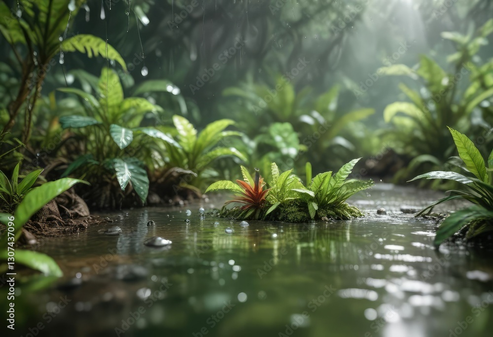 Water droplets on the surface of watercolor paper creating a miniature rainforest, abstract design, water droplets, watercolor effects Water droplets on the surface of watercolor paper creating a miniature rainforest, abstract design, water droplets, watercolor effects