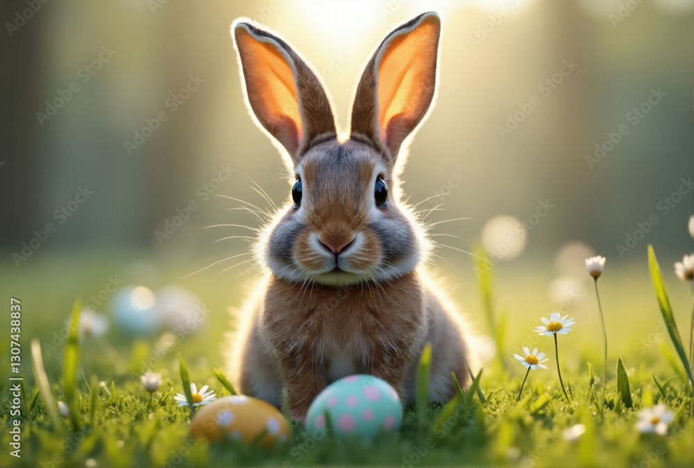 Rabbit with Easter Eggs in Grassy Field Rabbit with Easter Eggs in Grassy Field