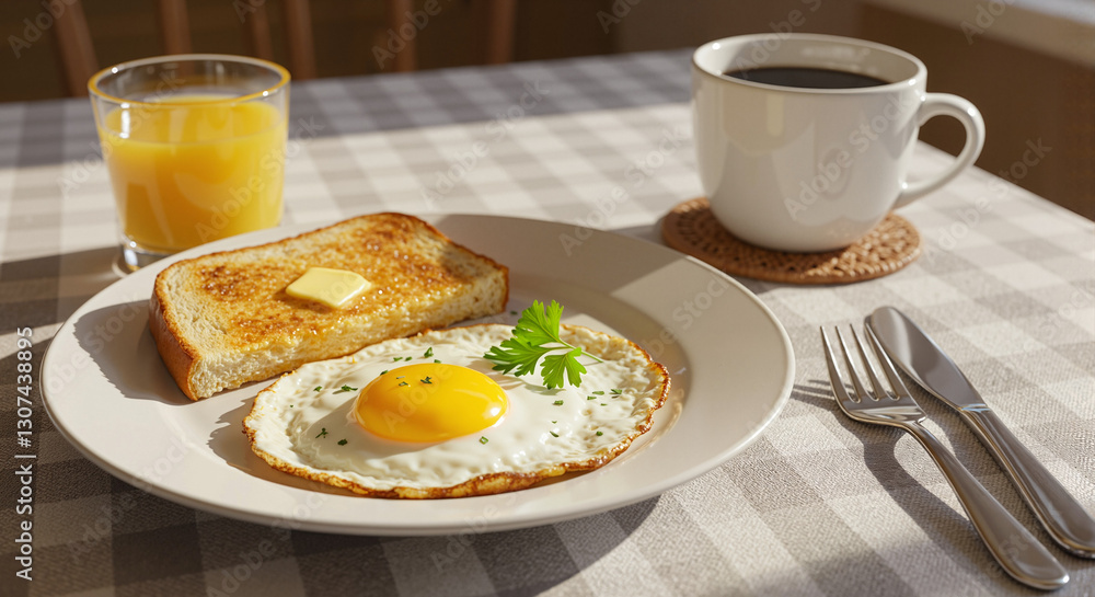 Breakfast plate with fried egg, toast, juice, and coffee Breakfast plate with fried egg, toast, juice, and coffee