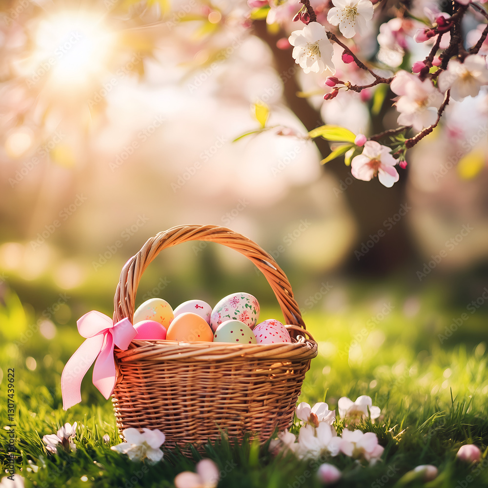Vibrant Easter Eggs in Wicker Basket with Cherry Blossoms Vibrant Easter Eggs in Wicker Basket with Cherry Blossoms