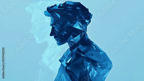 Man Silhouette with Glacial Peaks in Blue Light