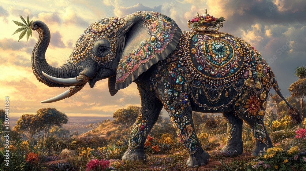 Fototapeta premium Ornate Elephant Sunset Landscape (1)
