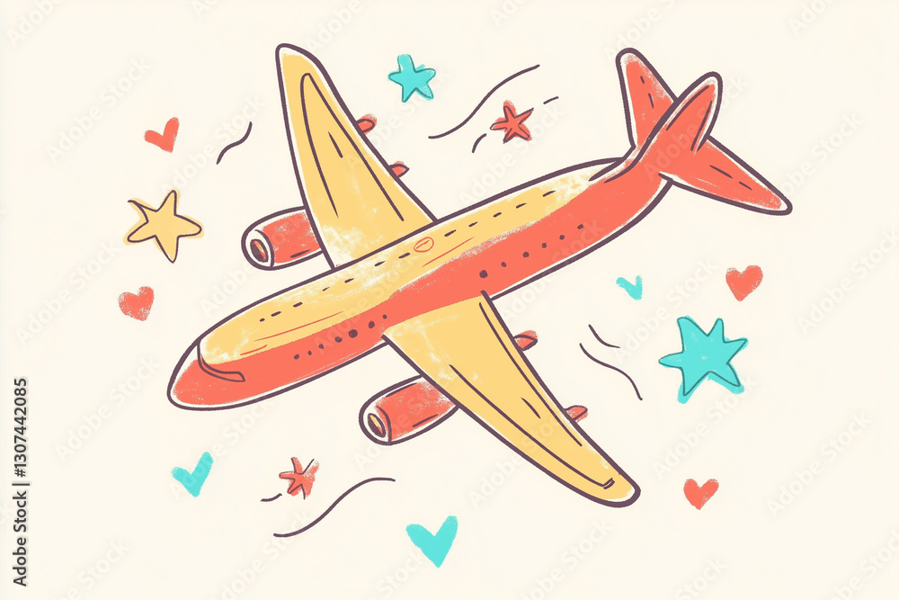 Doodle Airplane, A Playful Hand-Drawn Sketch with Stars and Hearts Doodle Airplane, A Playful Hand-Drawn Sketch with Stars and Hearts