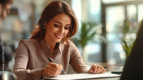 A joyful woman sits at a desk in a bright office, writing thoughtfully. Her relaxed demeanor and warm smile convey a sense of professionalism and creativity.