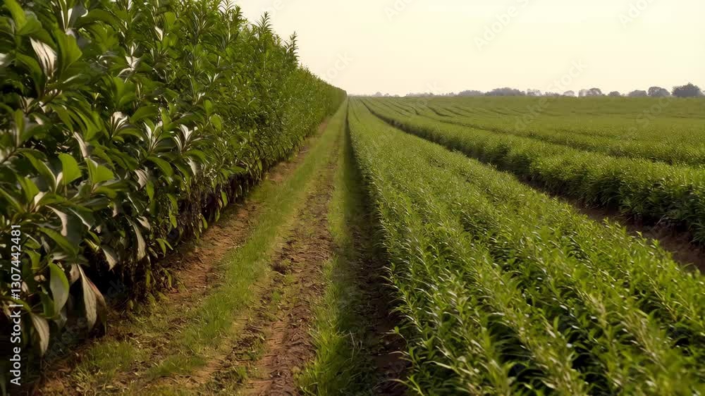 Farmer examining broad leaf amid lush agricultural landscape, focusing on crop detail Farmer examining broad leaf amid lush agricultural landscape, focusing on crop detail