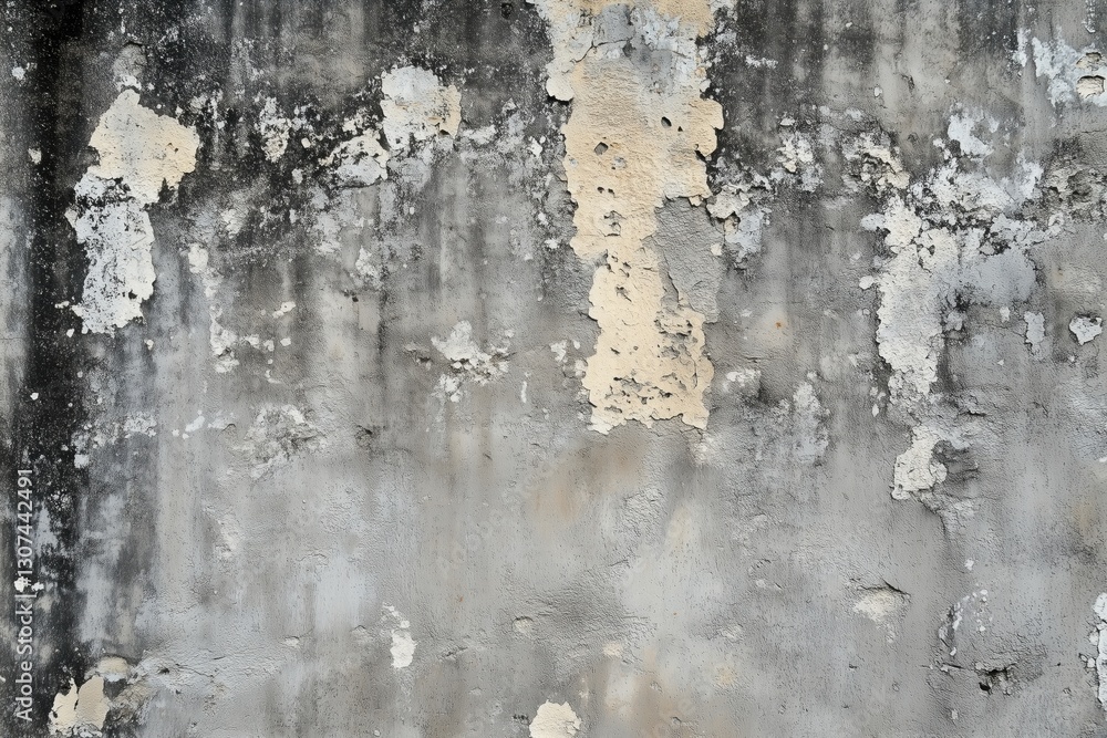 Fototapeta premium Seamless dirty concrete wall textured with peeling paint and a weathered appearance, showcasing shades of gray and beige. The surface displays signs of age and neglect, with rough patches.