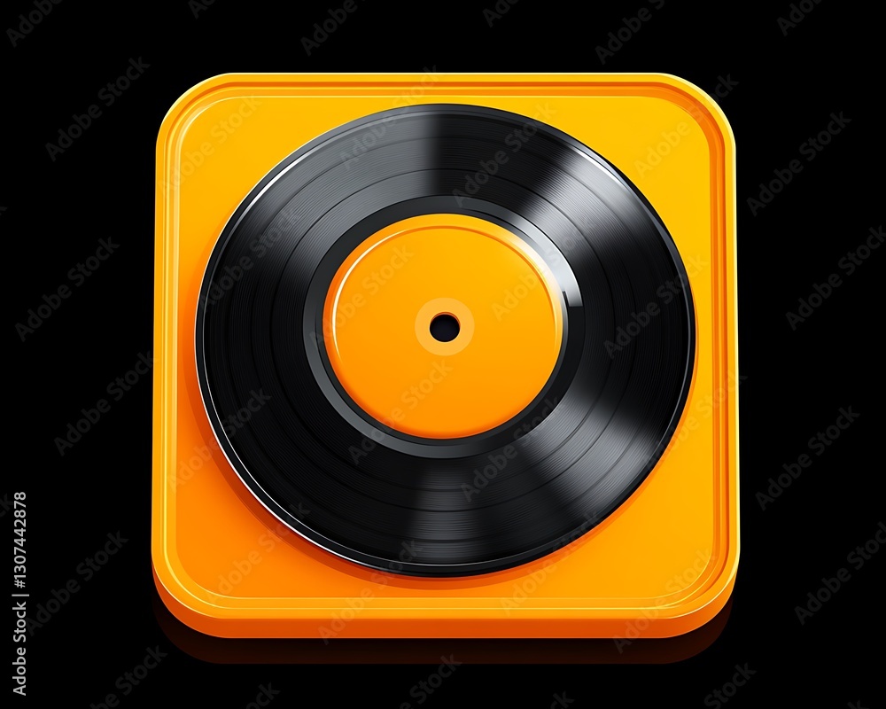 Obraz premium Digital music app icon, vibrant orange vinyl, black background