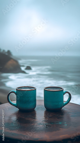 Two mugs of coffee on the table, overlooking the ocean
