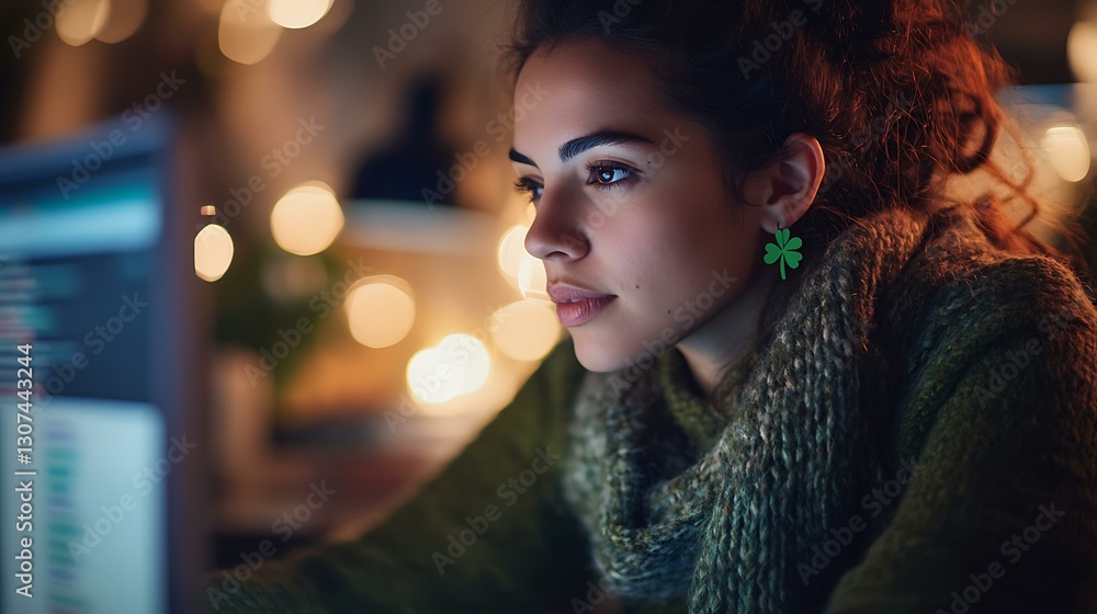 A young Latin woman programming at her desk, wearing subtle shamrock earrings and a cozy green scarf A young Latin woman programming at her desk, wearing subtle shamrock earrings and a cozy green scarf