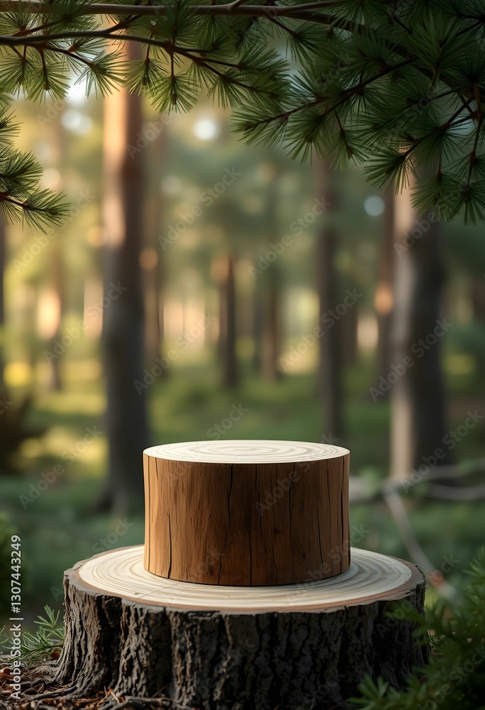 wooden circular platforms, forest background, minimalist display, natural materials, soft focus, muted green tones, zen aesthetic, product photography wooden circular platforms, forest background, minimalist display, natural materials, soft focus, muted green tones, zen aesthetic, product photography