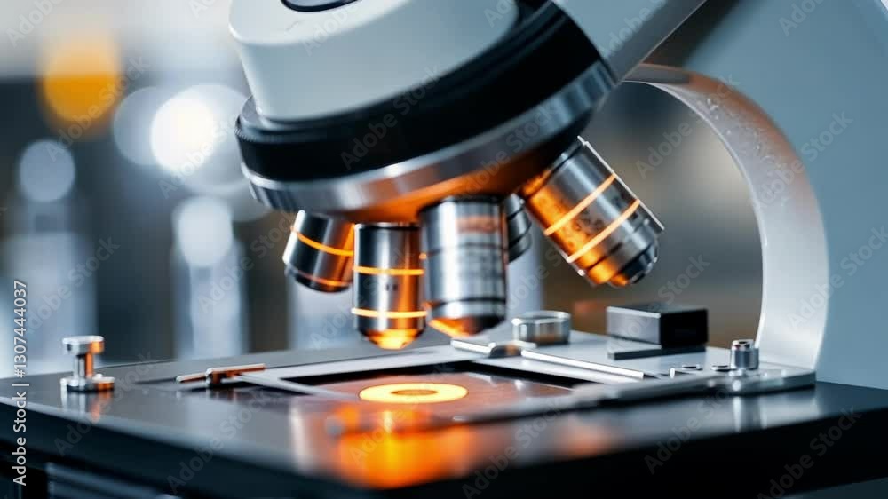 Detailed view of microscope lenses in a laboratory, highlighting the precision and technology used in scientific research and analysis. The focus is on the illuminated stage area Detailed view of microscope lenses in a laboratory, highlighting the precision and technology used in scientific research and analysis. The focus is on the illuminated stage area
