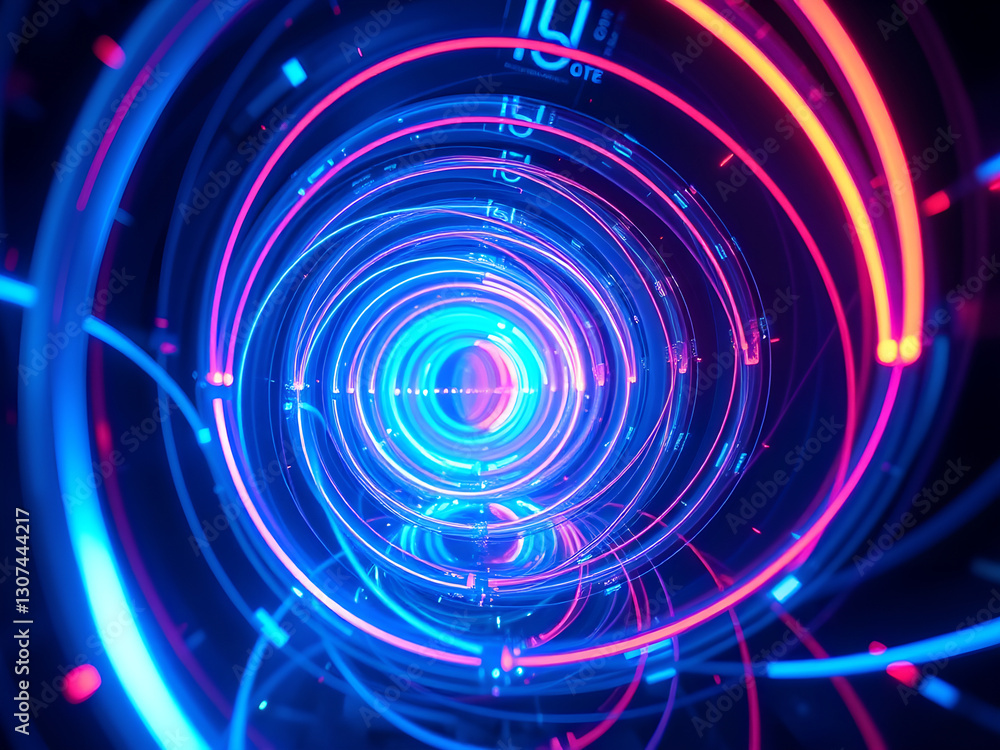 Fototapeta premium Neon Wire Cable Spiral: Abstract High-Tech Tunnel