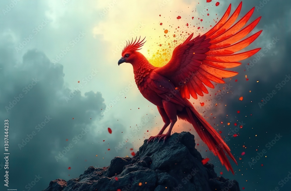 Fototapeta premium An abstract representation of mental health: a phoenix rising from fragmented, dark shards into a burst of light and color. Colors: fiery red, orange, and yellow, contrasting with deep black and gray.