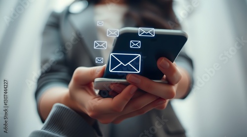 Woman hand holding smartphone and check email online on the application web have envelope icons floating on the mobile screen. notification newsletter, received or sending email marketing concep