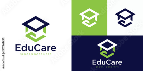 Creative education care logo template. Graduation cap and hand care symbol vector icon.