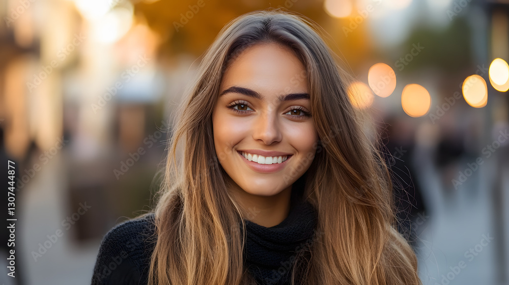 Obraz premium Young and attractive woman smiling outdoors in a park, enjoying a bright and cheerful sunny day.