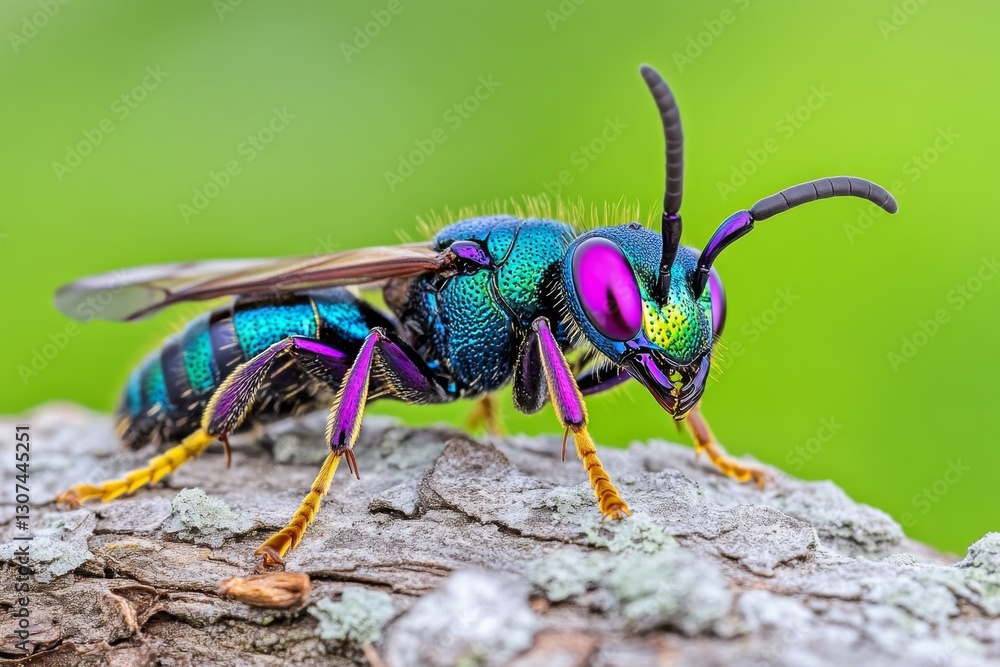 Fototapeta premium A blue wasp resting on a tree trunk, its iridescent body reflecting light