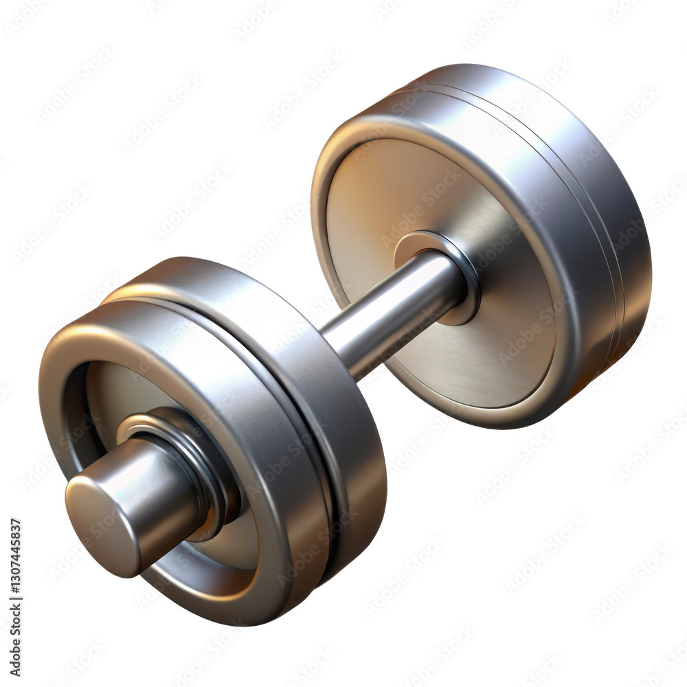 Metallic dumbbell with chrome finish for fitness and weight training, 3D, plastic style, PNG, isolated on transparent background Metallic dumbbell with chrome finish for fitness and weight training, 3D, plastic style, PNG, isolated on transparent background