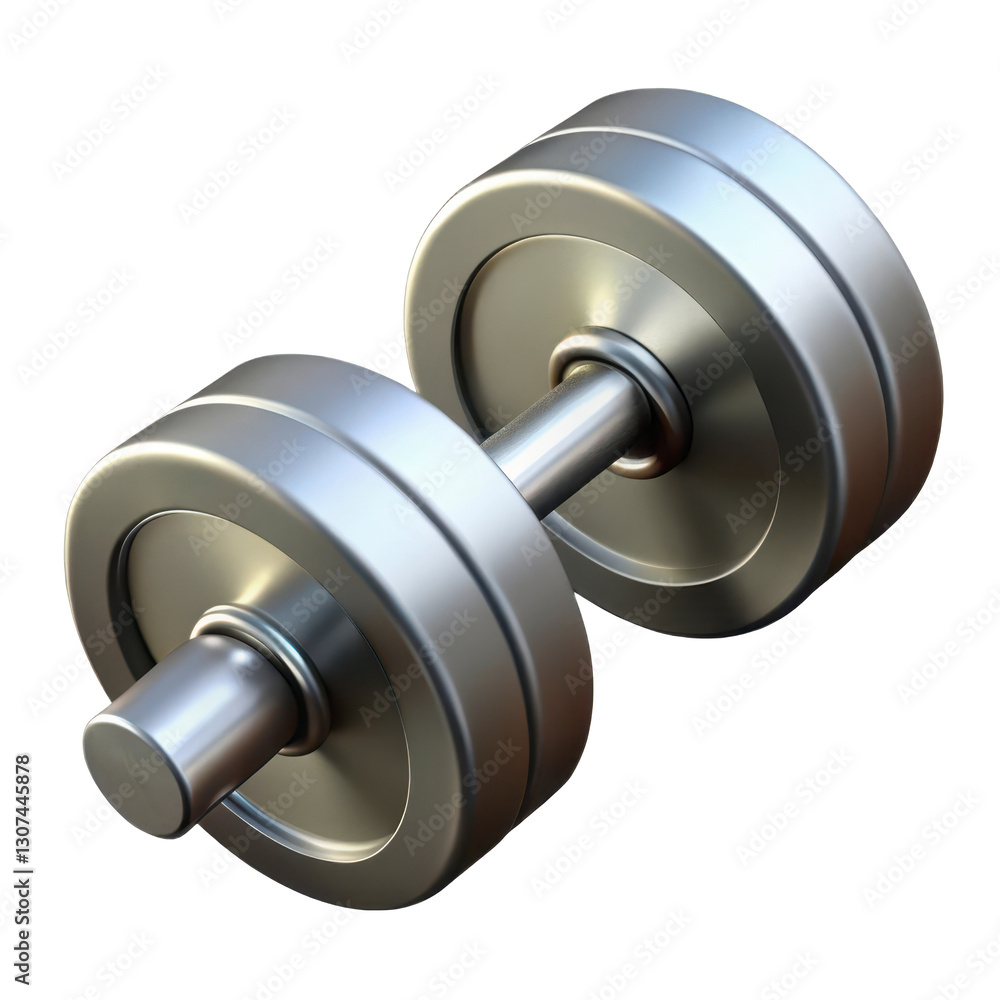 Metallic dumbbell with chrome finish for fitness and weight training, 3D, plastic style, PNG, isolated on transparent background Metallic dumbbell with chrome finish for fitness and weight training, 3D, plastic style, PNG, isolated on transparent background